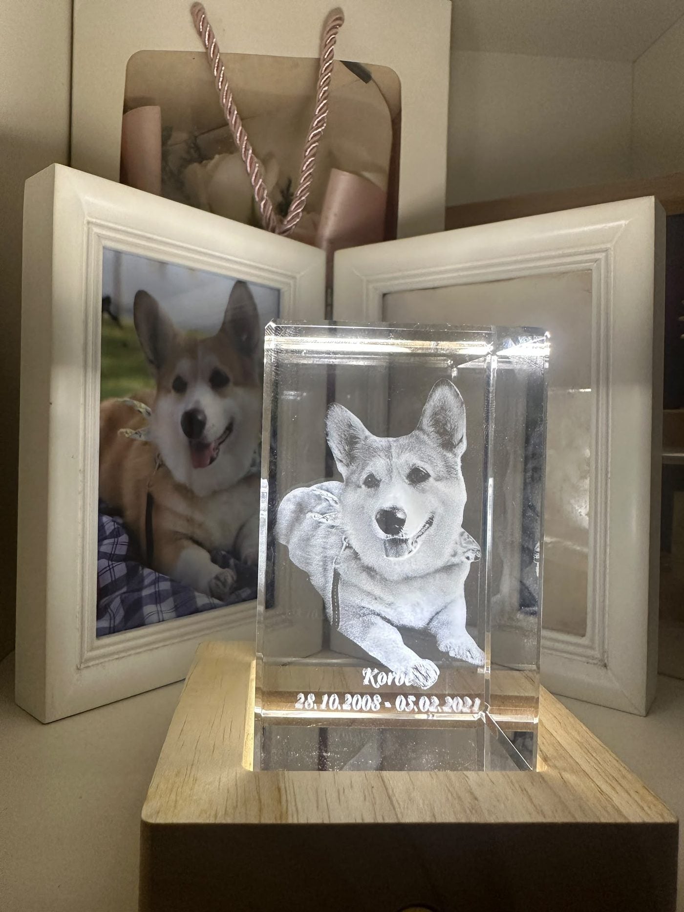 The finished 3D crystal of Korbe, with his name and dates, glowing beside the original framed photo